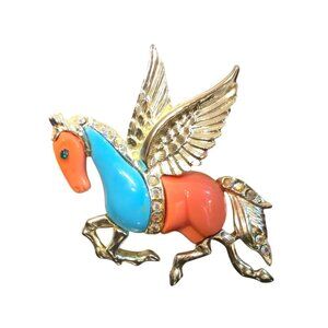 Hattie Carnegie Pegasus Brooch horse coral teal rhinestone accents unsigned VTG